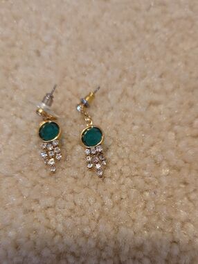 Gold-Tone Emerald Green Crystal Drop Earrings with Rhinestone Tassels